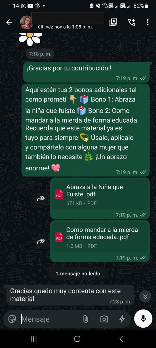 Cliente real agradeciendo su compra por WhatsApp