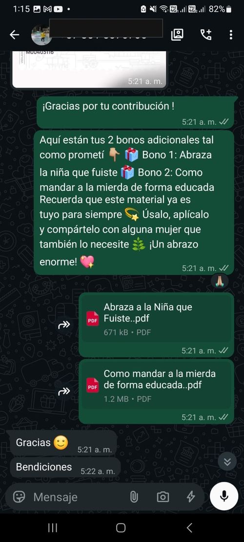 Cliente real agradeciendo su compra por WhatsApp